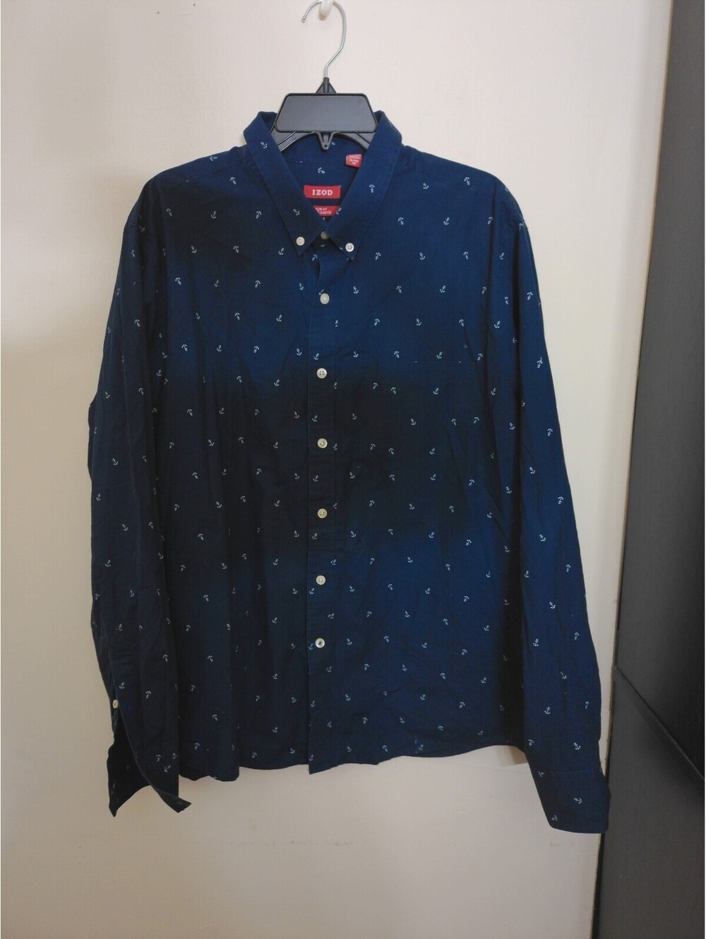 IZOD Mens Button Down Shirt Size XL Slim‎ Fit Navy Blue Anchor Print